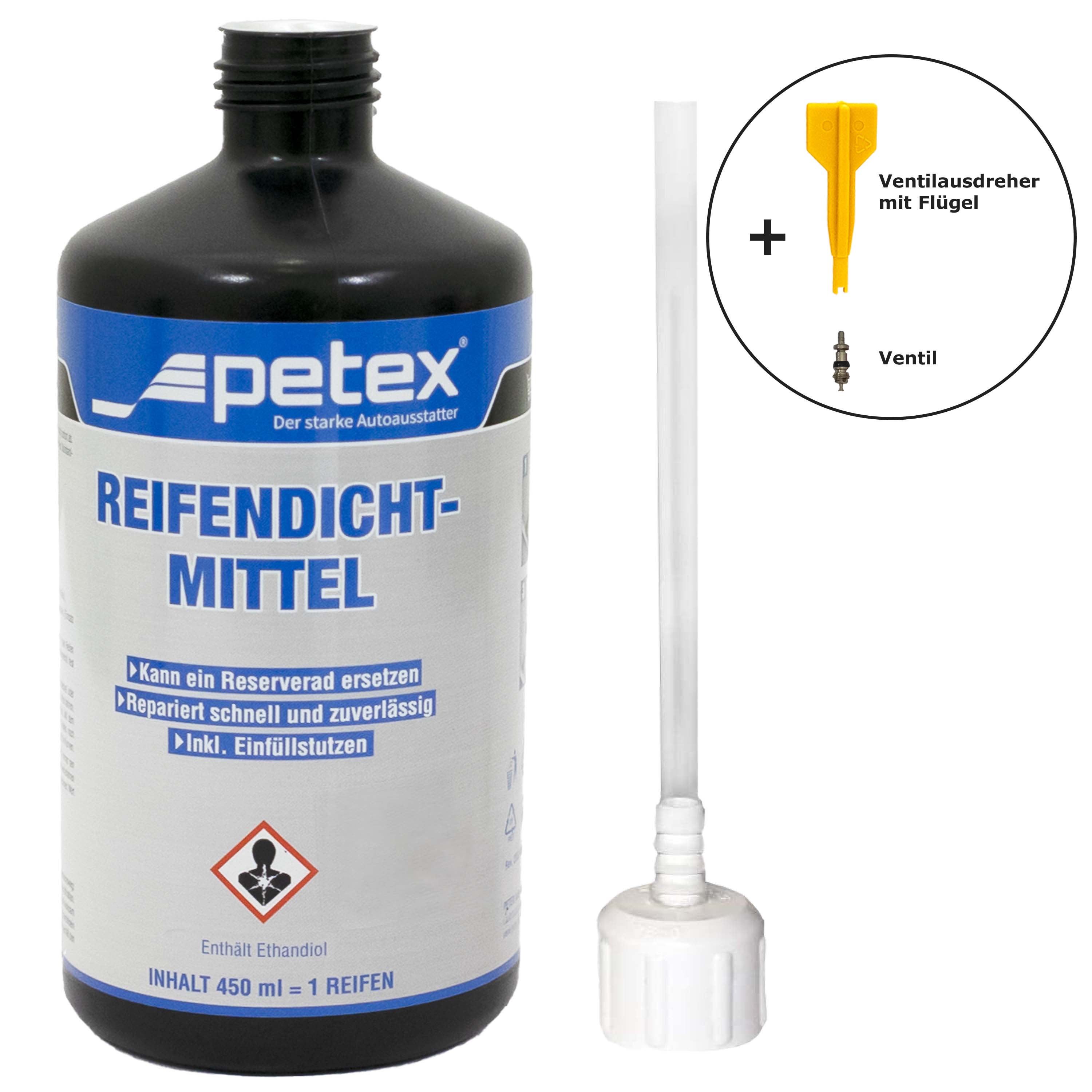 PETEX Reifendichtmittel 450 ml inkl Einfuelldeckel Ventilausdreher mit Fluegel Ersatzventil